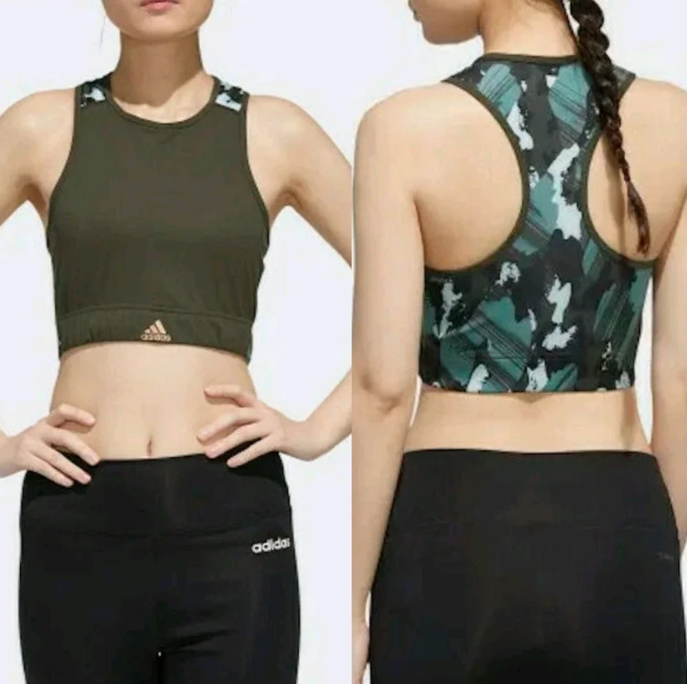 adidas Women x Zoe Saldana Olive Green Gold Metallic Sports Bra NEW‎